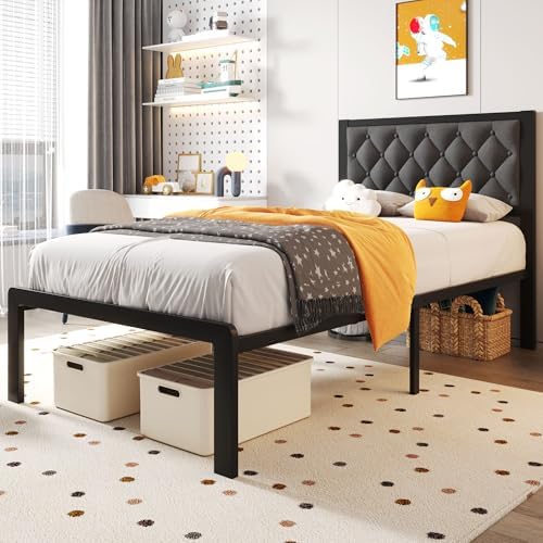 Fluest Twin Bed Frame with Headboard Linen Upholstered Bed Frame Platform,All Metal Slats Support Platform Bed Frame with Storage Space,Easy Assembly,Noise Free,No Box Spring Needed,Grey - Image 3
