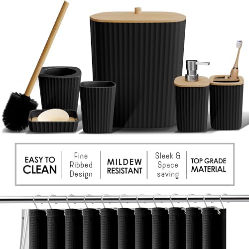 Clara Clark Bathroom Accessories Set - Bathroom Set, Bathroom Sets with Shower Curtain and Rugs, Shower Curtain Set with Bathroom Trash Can - Ombre Black - 22PC - Image 4