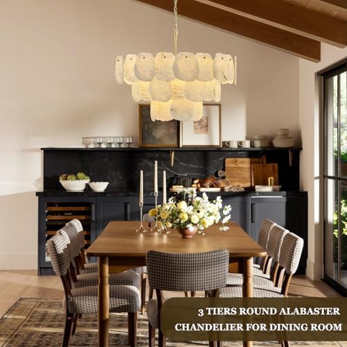 32″ Alabaster Chandelier, 16-Light Marble Round Chandelier, Modern Dining Room Chandeliers, 3 Tiers White & Brass Alabaster Chandeliers for Living Room Bedroom Bathroom Kitchen Foyer - Image 5