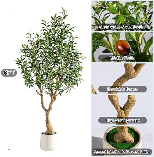 Erimda 6FT Faux Olive Tree with Tall Exquisite Planter Artificial Olive Tree Tall, Potted Fake Olive Plant with 1260 Real Touch Leaves, Indoor Outdoor Home Garden Office Decor - Image 2