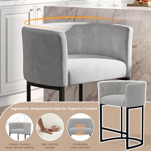 GRUSIGN Chenille Counter Height Bar Stools Set of 2, 26" Kitchen Island Stools with Arms & Footrest, Upholstered Barrel Back Bar Chairs for Kitchen, Dining Room, Bar & Lounge Area, Grey - Image 4
