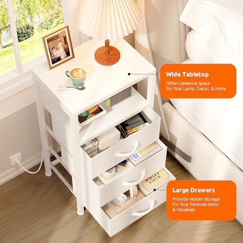 Lazzanto Night Stand with Charger Station, 3 Fabric Drawers, White - Image 5