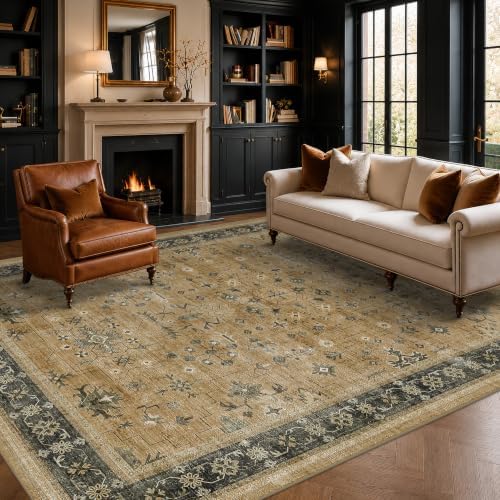 Hazo Haus Vintage 5x8 Living Room Area Rug - Washable Rustic Brown and Charcoal Olive Dining Room Under Kitchen Table, Boho Low Pile Non-Slip Rugs for Bathroom - Image 6