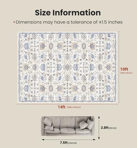 Amada Large 10x14 Washable Area Rug for Living Room, Blue/White, Vintage - Image 2