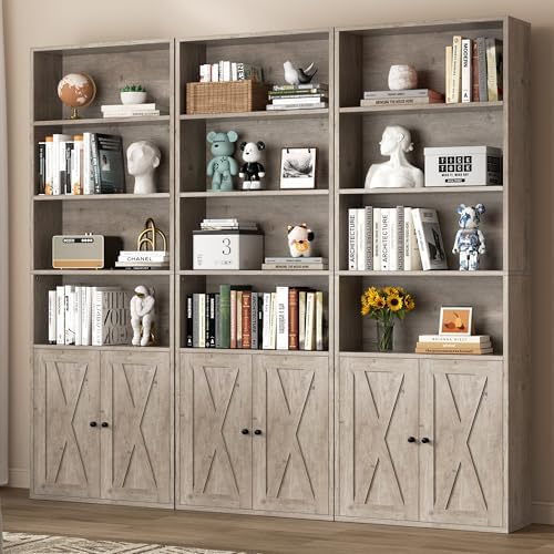 Shintenchi Bookshelf, Industrial Bookshelves and Bookcases with Doors Floor Standing 6 Shelf Display Storage Shelves 70.6 inches Tall Bookcase for Home Office, Living Room (Grey) - Image 2