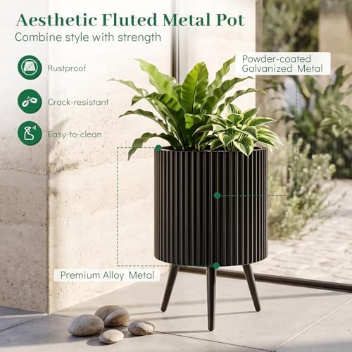 GIANTEX 14 Inch Plant Pot w/Stand Set 2, Mid-Century Modern Fluted Planter - Image 5