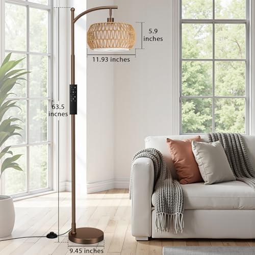 Ambimall Arc Floor Lamp with Remote & Rattan Double Shades, Brown Bohemian - Image 3