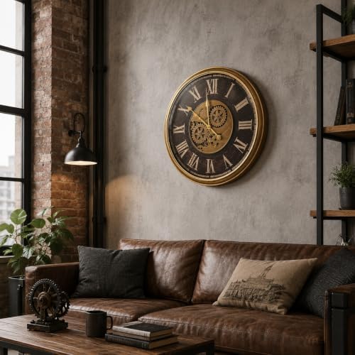 Large Real Moving Gears Wall Clock 24 Inch,Roman Antique Brass Brown - Image 6