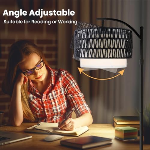 Yusist Arc Floor Lamp for Living Room,Farmhouse Floor Lamps with Remote Control & Dimmable Bulb,Black Rattan Boho Tall Standing Lamp for Bedroom Office - Image 4