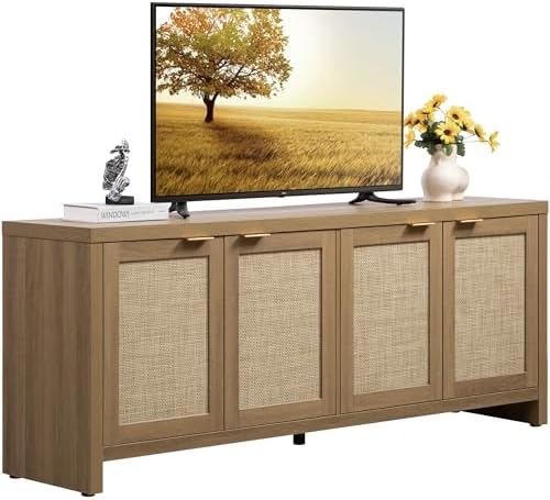 SICOTAS TV Stand for Living Room Boho Entertainment Center for Bedroom with 4 Rattan Cabinets Farmhouse Television Stands with Storage Large Media Console Table for TVs up to 65 Inch by SICOTAS