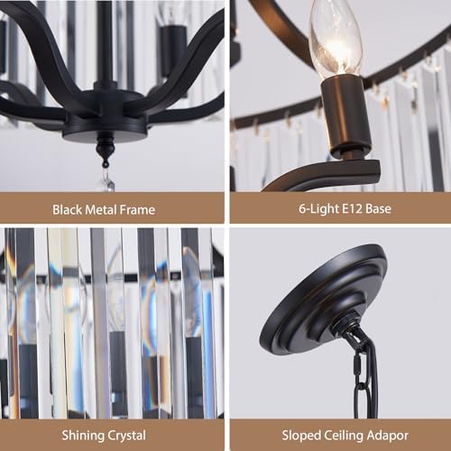 Modern Crystal Chandeliers Round 6-Light Large Black Pendant Lighting Fixture for Dining Room Living Room Kitchen Island Bedroom Hallway Hall Foyer 21.7" Adjustable Height Hanging Lamp - Image 4