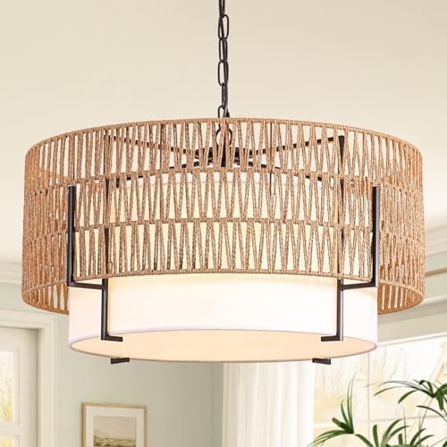 6-Light Large Rattan Chandelier for Dining Room, 25.6" Boho Pendant Light by SupMaka