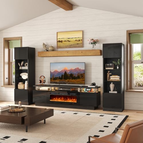 80" TV Stand for Living Room, Large Entertainment Center & Media Console, Fits TVs up to 90", Storage Cabinet with Shelves, 36" Electric Fireplace (All Black) - Image 2