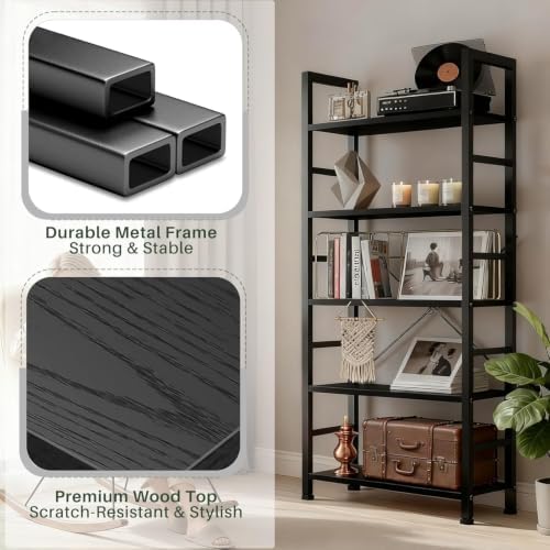 5 Tier Bookshelf, Free Standing Black Bookcase with Open Storage Shelves - Image 4