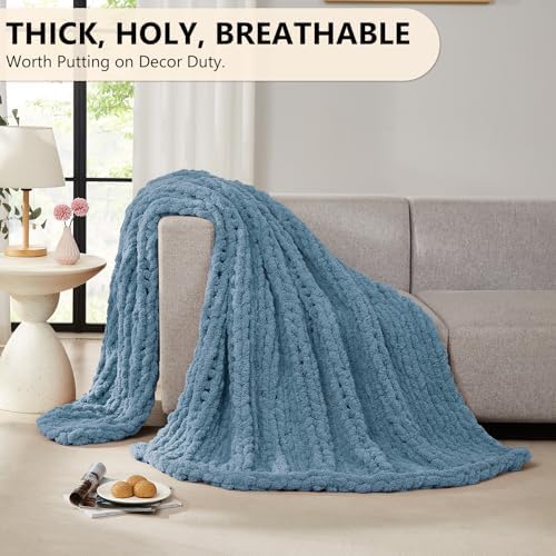 L'AGRATY Chunky Knit Throw Blanket for Couch, 60 x 80 Inches, Airy Blue - Image 5