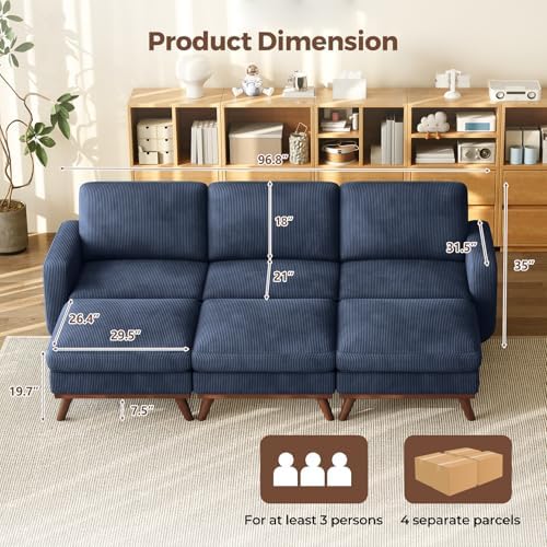 Vesgantti 97" Modular Sectional Sofa Drak Blue, Sectional Couch with Movable Ottoman, Comfy Corduroy Couch with Spring Cushion, Modular Sofa with Deep Seat for Living Room, Bedroom and Apartment - Image 2