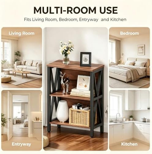 HOMISSUE Book Shelf, 3 Tier Long Bookshelf with Storage, Engineered Wood and Metal Shelf Bookcase, Low Short Bookcases for Small Space, Living Room, Bedroom, Office, Rustic Brown - Image 5