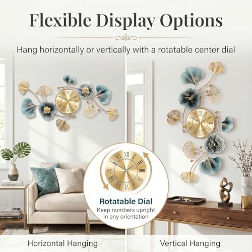 47" 3D Ginkgo Leaf Metal Wall Clock for Home Wall Decor - Image 3