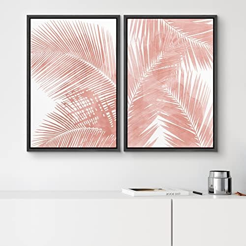 SIGNWIN Framed Canvas Print Wall Art Set Tropical Red Pastel Palm Leaf Plants Nature Wilderness Illustrations Modern Art Decorative Rustic Chic for Living Room, Bedroom, Office - 16"" x24 x2 Black - Image 2