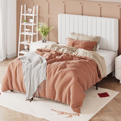 Allewie Twin Bed Frame, Velvet Upholstered Platform Bed with Adjustable Vertical Channel Tufted Headboard, Mattress Foundation with Strong Wooden Slats, Box Spring Optional, Easy Assembly, Off-White - Image 4