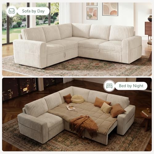 HONBAY Modular Sectional Sleeper Sofa with Pull Out Bed,Corduroy L Shaped Couch with Storage, Sectional Couches for Living Room,Beige - Image 4