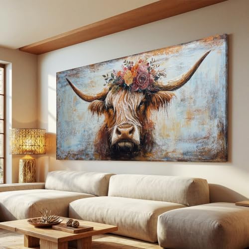 Canvas Wall Art Decor Artwork for Wall Decor Highland Cow Wall Art Prints Wall Art Picutures for Living Room Large Vintage Wall Art Decorations Art Work for Walls Home Bedroom Office Decor 24" X 48" by TQJYILUFAART