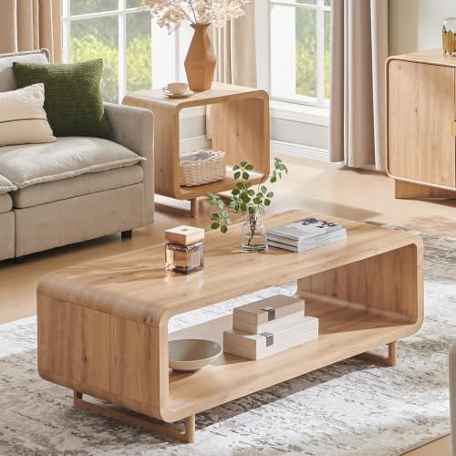 IFGET 48" Modern Coffee Table, 2-Tier Curved Center Table, Natural Oak - Image 3