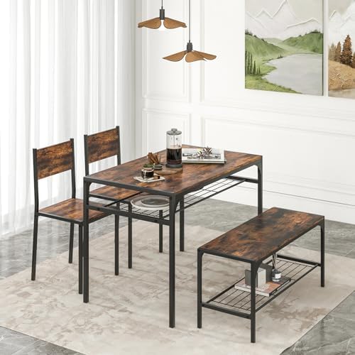 Giantex Dining Table Set for 4, Kitchen Table with Chairs & Bench, Storage Racks, Metal Frame, 4-Piece Space-Saving Dinette Set for Dining Room, Breakfast Nook, Small Space, Apartment,Rustic Brown - Image 2