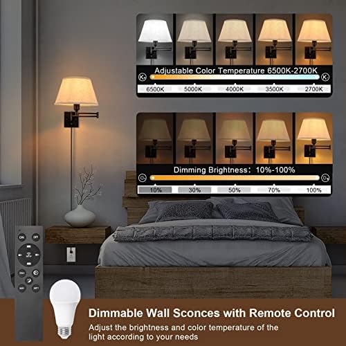 TRLIFE Wall Sconce Plug in, Remote Control Dimming 10-100% and Adjustable Color Temperature 2700K-6500K Swing Arm Wall Lights with Plug in Cord, 11.8" Large Beige Fabric Shade(2 Pack, 2 Bulbs) - Image 2