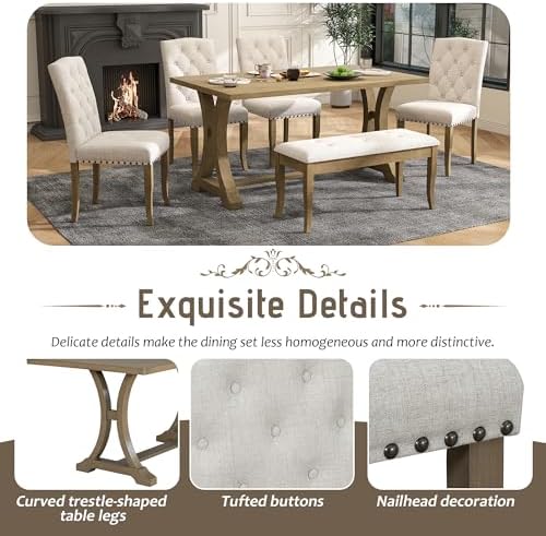 Harper & Bright Designs Classic and Traditional Style 6 - Piece Dining Set, Includes Dining Table, 4 Upholstered Chairs & Bench (White+Gray) (White+Gray) (Natural Wood Wash1) - Image 4