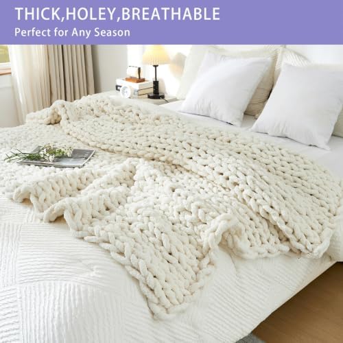 Bigacogo Chunky Knit Throw Blanket for Couch, 60x80 inches, Vintage White - Image 4