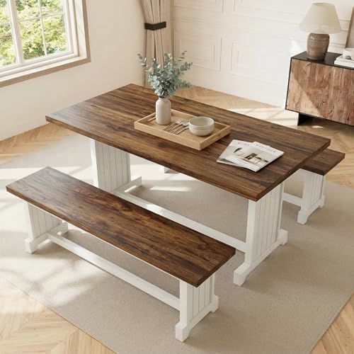 Tribesigns 47" Dining Table Set for 4, 3-Piece Kitchen Room Table with 2 Benches, Farmhouse Wood Dinner Furniture for Small Space, Home Living Room, White & Rustic Brown - Image 3