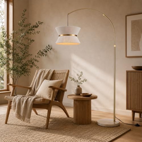 Hamilyeah Arc Floor Lamp for Living Room, 65.5 Inch Gold Arched Floor Lamp with Hand-Woven Cotton Shade and White Marble Base, Modern Over Couch Standing Lamp for Bedroom, Office, Reading Nook - Image 6