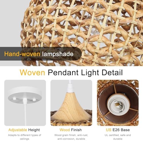 Boho Pendant Lights, 15.7" 1-Light Rattan Chandelier Hand-Woven Wicker Pendant Light with Water Hyacinth Shade, Coastal Dome Hanging Light for Dining Room Kitchen Island - Image 2