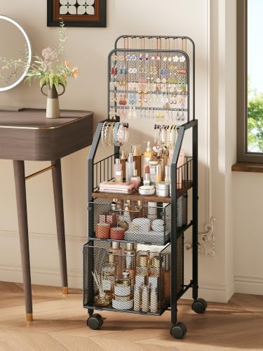 SWTYMIKI Rolling Jewelry Organizer Stand, Metal Jewelry Display Storage Holder with Large Capacity Drawer & Wheel, 35 lb Weight Capacity, Stores Necklace, Earring & Bracelet by SwtyMiki-TidyHomeSweetLife