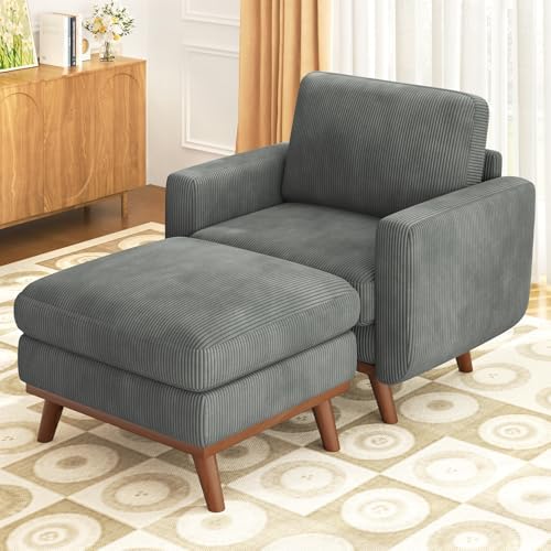 Vesgantti 38.5" Accent Chair with Movable Ottoman, Comfy Corduroy Armchair with Spring Cushion, Reading Chair with Ottoman, Modern Single Sofa for Living Room, Bedroom and Apartment, Dark Gray by Vesgantti