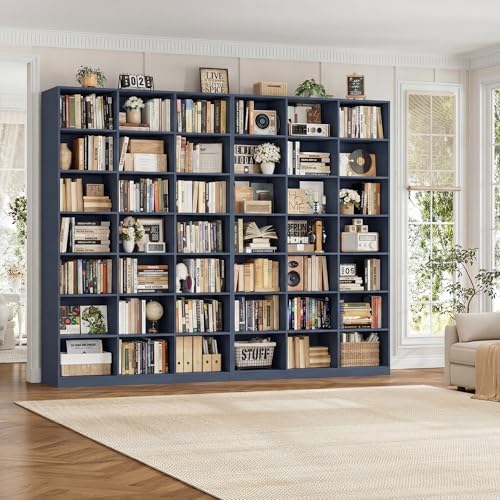 HOSTACK 86" H Triple Wide Bookshelf and Bookcase, 7 Tier Tall Bookshelf with Storage, Large Bookcase with 21 Open Display Storage Shelves, Wood Book Shelf Media CD DVD Storage for Living Room, Blue - Image 4