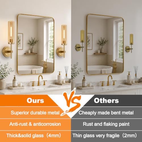 MOKATNG Hardwired Wall Sconces Set of Two, Brushed Gold Bathroom Sconces with Amber Glass, Modern Wall Light Fixtures for Bathroom Mirror Vanity, Living Room, Hallway, Stairway, Cabinet, Foyer - Image 2