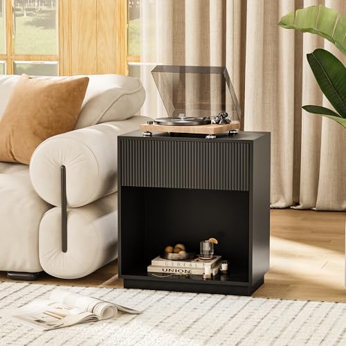 Fluted Nightstands Set of 2, Modern Bedside Table with Drawer and Storage Shelf, Wood End Table Mid Century Night Stands for Bedroom Living Room Sofa Couch Office (Black) - Image 7
