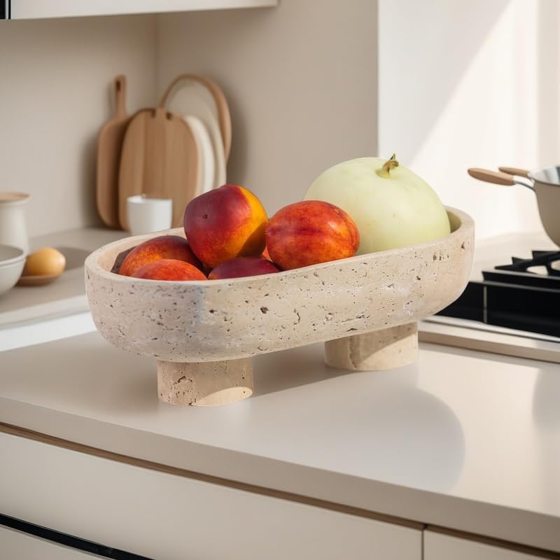 10" Natural Oval Travertine Fruit Bowl for Kitchen Counter,Decorative Bowl - Image 7