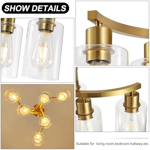 CNRATYE 6-Light Gold Chandeliers for Dining Room, Modern Kitchen Island Light Fixtures Over Table, Metal Hanging Pendant Lighting for Living Room Stairwell Entryway Bedroom, Clear Glass Shade - Image 7