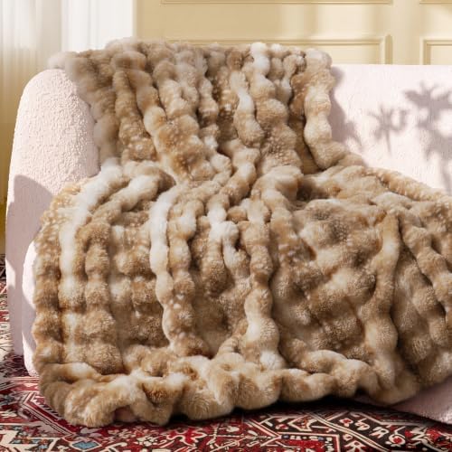 Ultra Soft Cozy Faux Fur Throw Blanket, Fuzzy Plush Thick Bubble Blanket, Oversize Luxury Fluffy Blanket for Couch, Sofa, Bedroom, and Living Room,50x60 Inches,Tie-Dye Camel by blunique