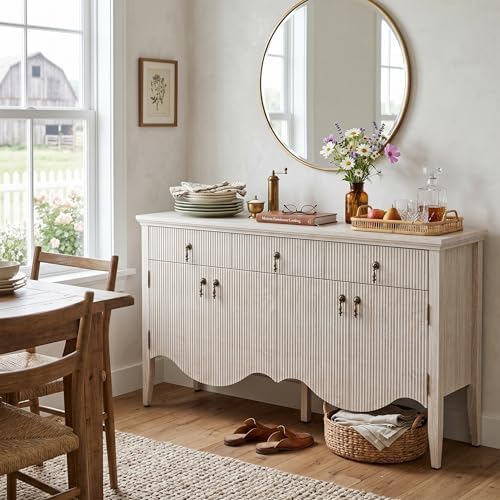 FUSUNBAO 57" Fluted Sideboard Buffet with Storage, 4 Doors & 3 Drawers, Oak - Image 3