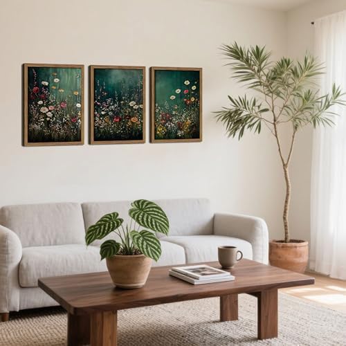 Vintage Wildflower Wall Art Set of 3, Moody Dark Green Flower Botanical Wall Decor Paintings,Nature Floral Farmhouse Landscape Posters Prints Pictures for Living Room Bedroom 16x24 Inch Wood Framed - Image 2