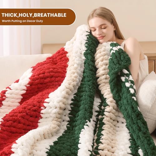 L'AGRATY Chunky Knit Throw Blanket for Couch, 50 x 60 Inches, Red Green - Image 4