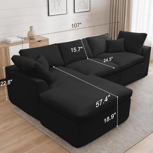 Korser 110" Cloud Sectional Couches for Living Room, Modern Modular Sectional Sofa with Ottoman, Boneless Cloud Couch with Comfy Deep Seats, Fluffy Chenille L-Shape Sofa Couch for Living Room, Black - Image 2