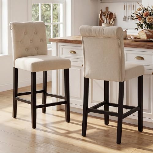 LSSBOUGHT Counter Stools Set of 4,24 inches Upholstered Counter Height Chairs with Button-Tufted and Solid Wood Legs（Beige） - Image 4