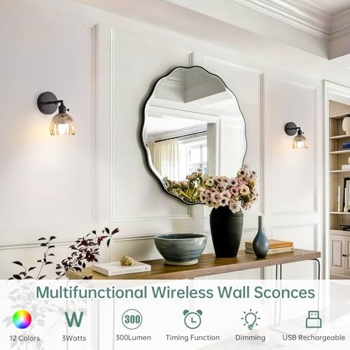 Shenmoyl Vintage Battery Operated Wall Sconce with Amber Tulip Glass Lampshade Rechargeable Battery Powered Black Wall Light with Remote Control for Bedside Bedroom Doorway - Image 2
