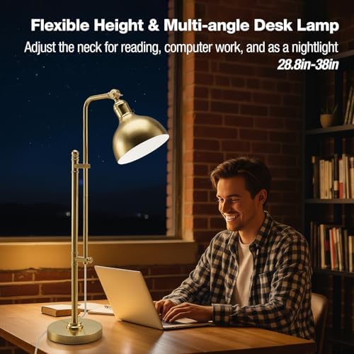 PARTPHONER Industrial Adjustable Desk Lamp for Home Office, Farmhouse Table lamp 29''-38'', Rustic Metal Task Desk Lamp in Brushed Gold Finish, Vintage Reading Lamp for Study Room，Gold - Image 6