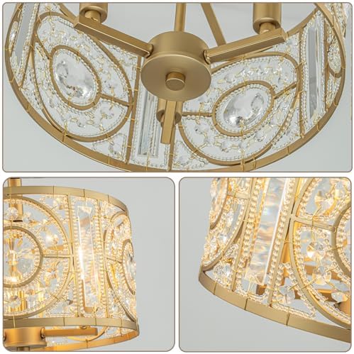 Semi Flush Mount Chandelier for Dining Room, 3-Lights Vintage Crystal Round Chandelier, Gold Retro Semi-Flush Mount Ceiling Lights Fixture for Living Room Bedroom Kitchen Hallway Foyer - Image 7
